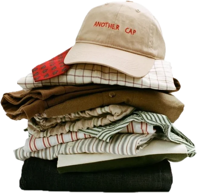 Pilha de roupas dobradas: camisas listradas, xadrez, tricô marrom e um boné bege